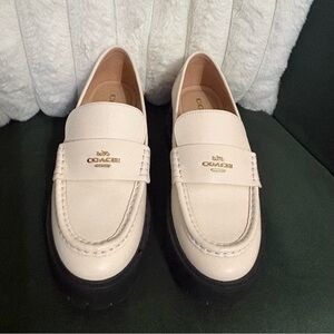 Coach Ivory Leather Penny Loafers with Gold Emblem